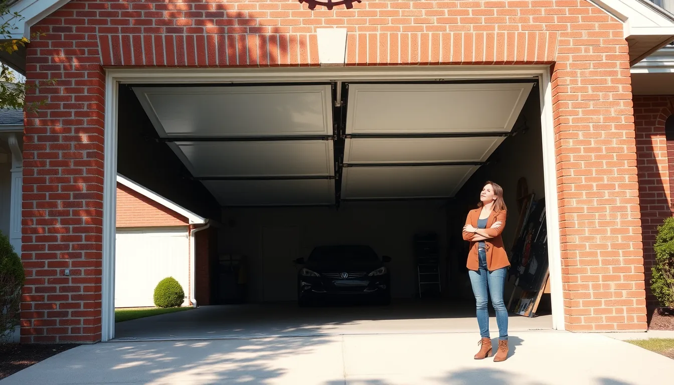 Homeowner looking at a garage door stuck fully open