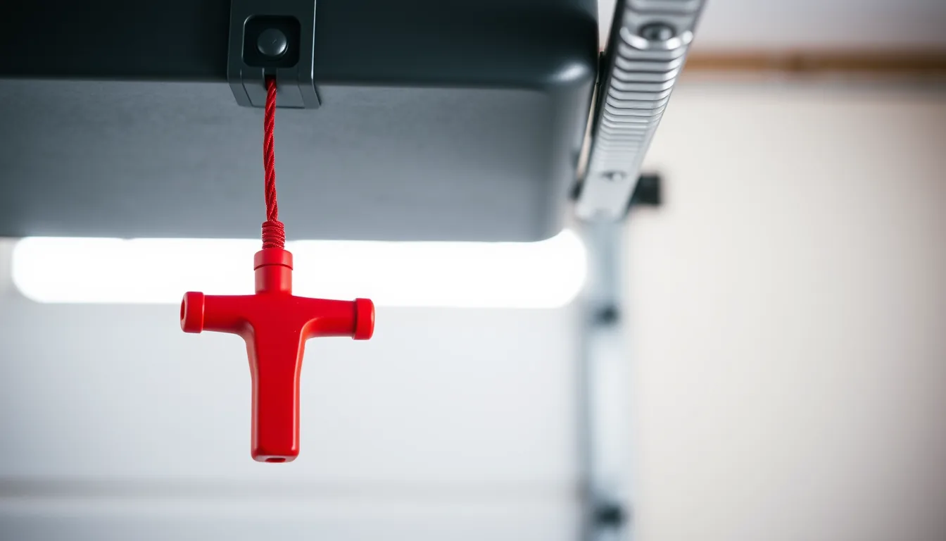 Hand pulling the red emergency release cord on a garage door opener rail