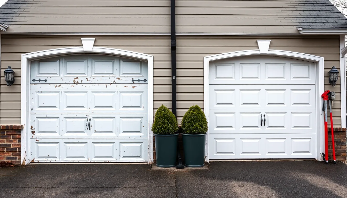Weathered older garage door showing wear