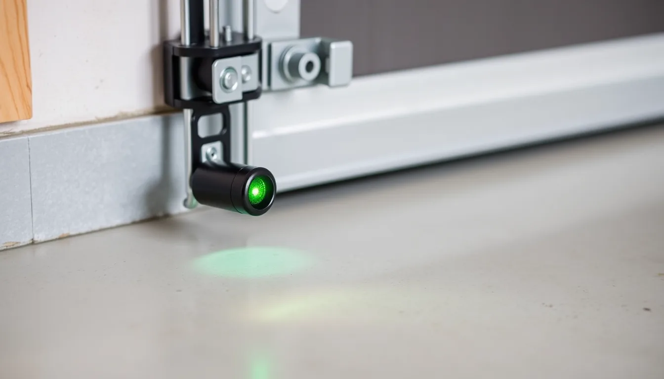 Garage door safety sensor photo-eye mounted near the floor by the track